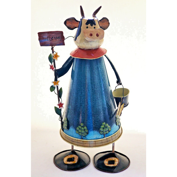 GARDEN/PORCH DECOR-Metal Cow w/Spring-Welcome Sign-Moves-Whimsical-14" High - Picture 1 of 14